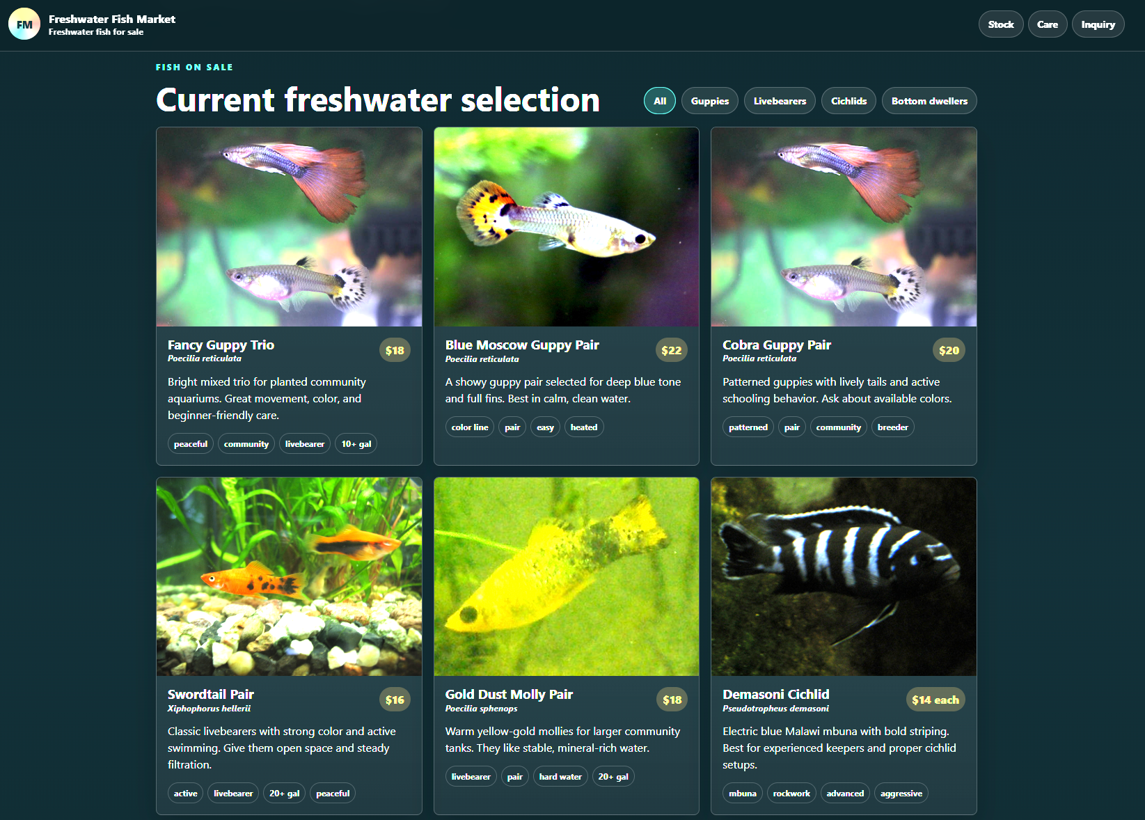 Freshwater Fish Market website screenshot