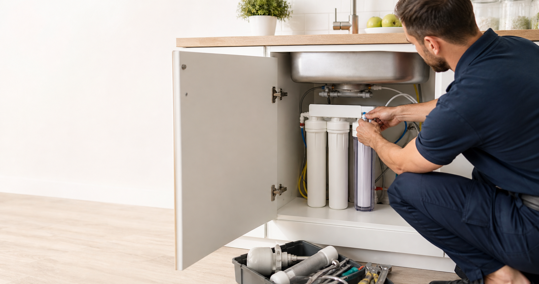 Technician installing an under-sink water filtration system in a kitchen
